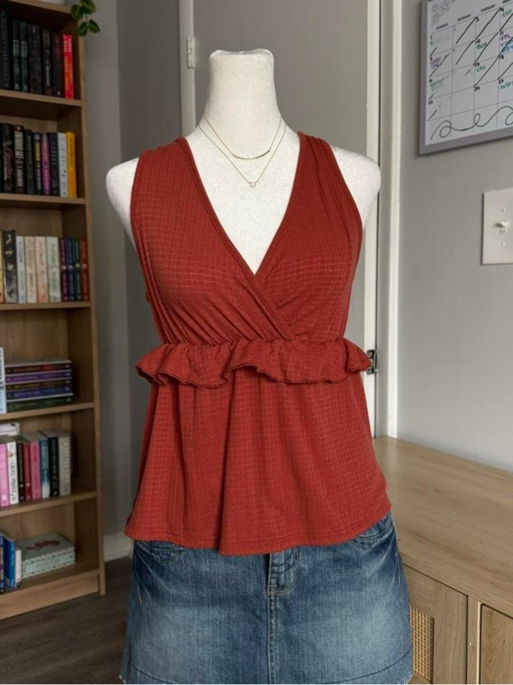 burnt orange knit peplum tank top